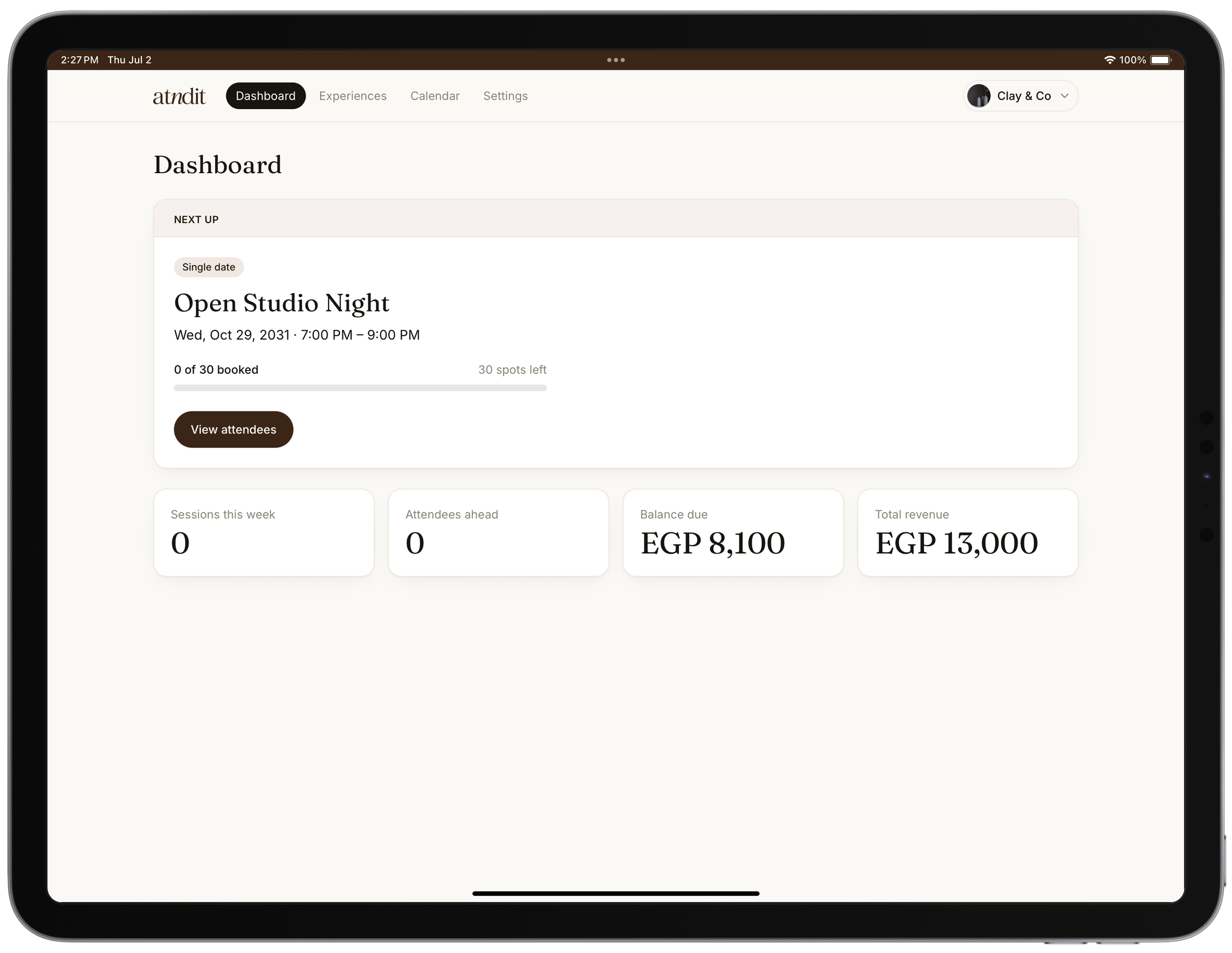atndit host dashboard on a tablet