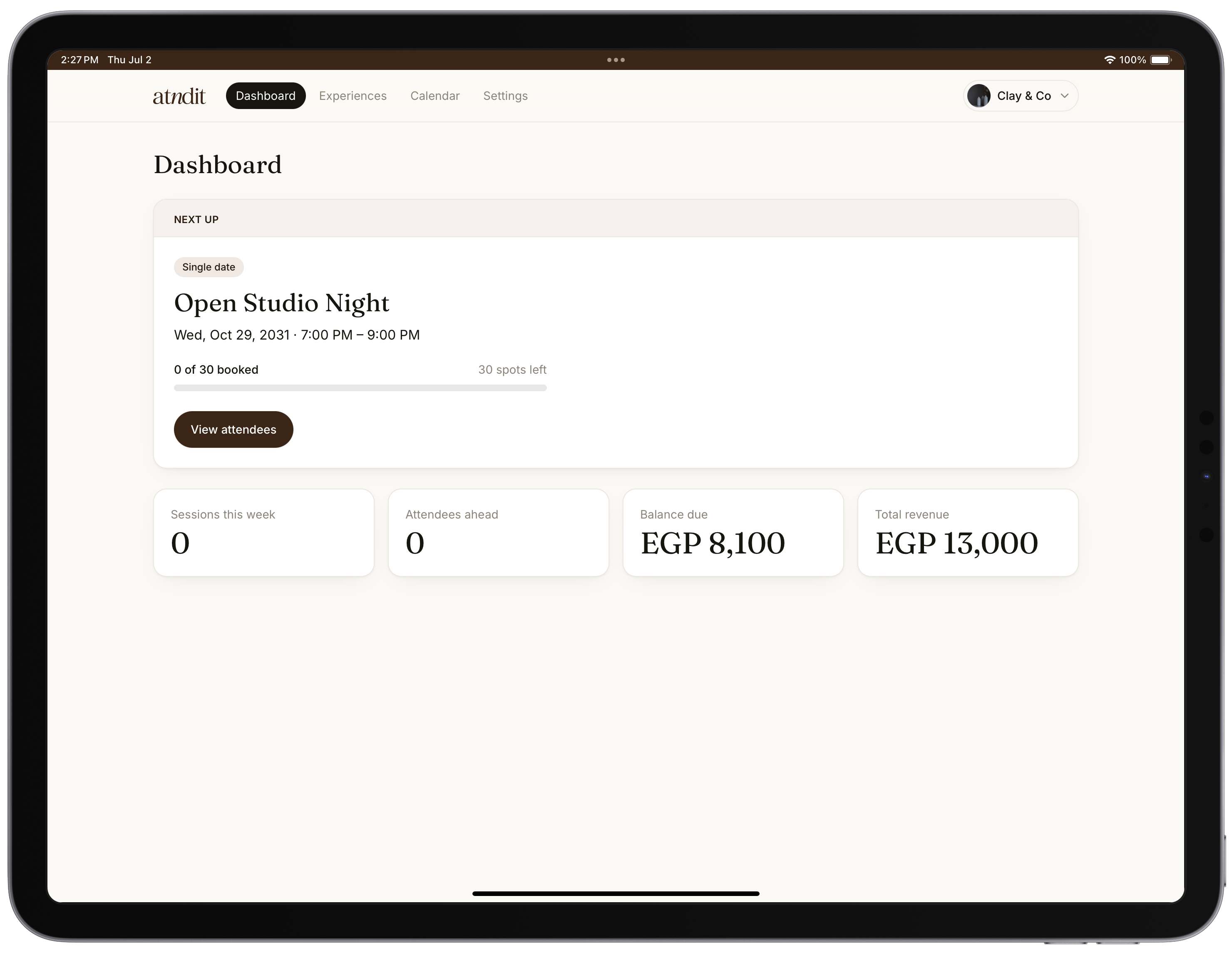 atndit host dashboard on a tablet
